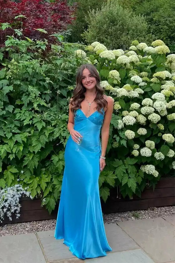 Turquoise Satin Spaghetti Strap Beaded Mermaid Gown – Vibrant & Romantic Evening Party Dress