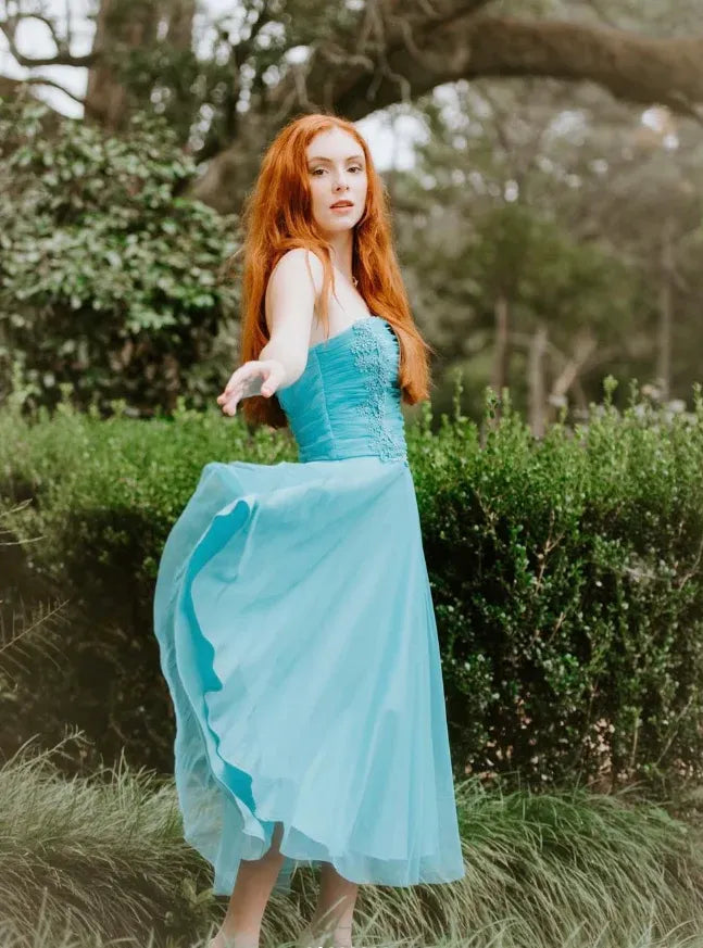Turquoise Tulle Strapless Midi Dress – Lace Applique A-Line Formal Prom Dress