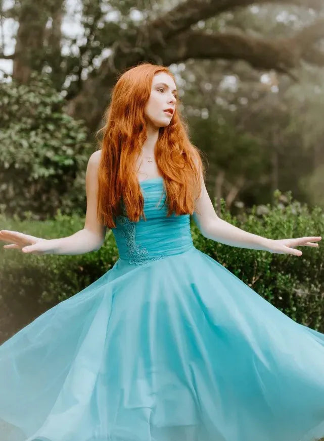 Turquoise Tulle Strapless Midi Dress – Lace Applique A-Line Formal Prom Dress