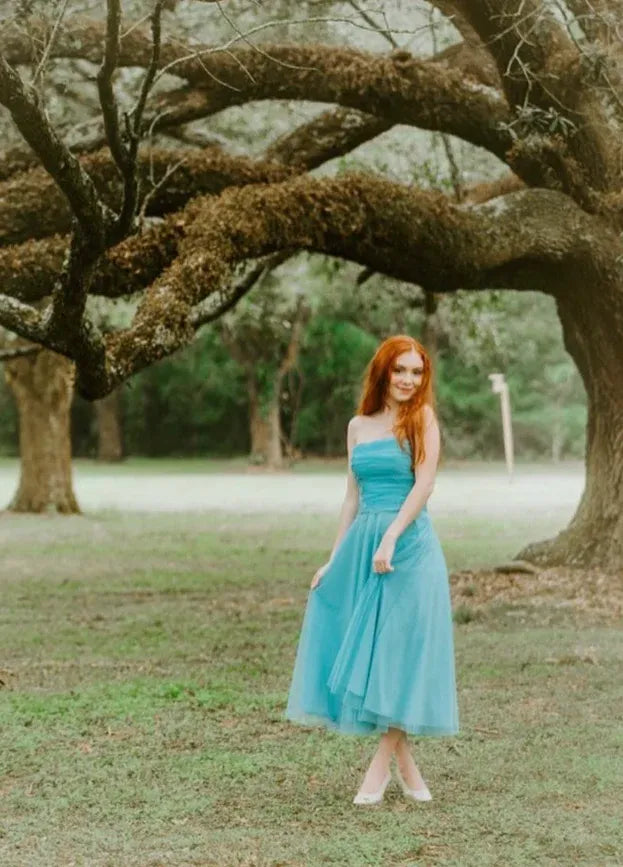Turquoise Tulle Strapless Midi Dress – Lace Applique A-Line Formal Prom Dress