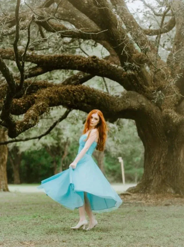 Turquoise Tulle Strapless Midi Dress – Lace Applique A-Line Formal Prom Dress