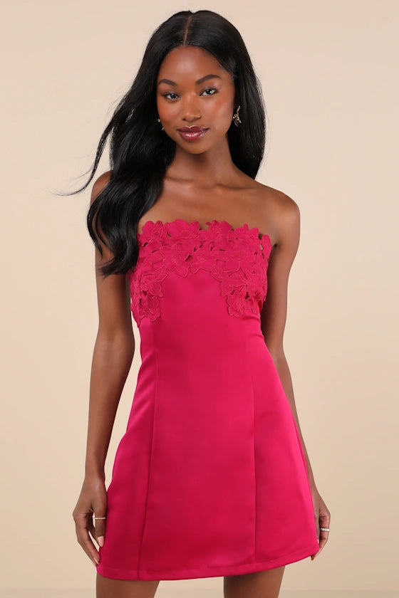 Unforgettable Satin Strapless Floral Mini Dress Homecoming Dresses