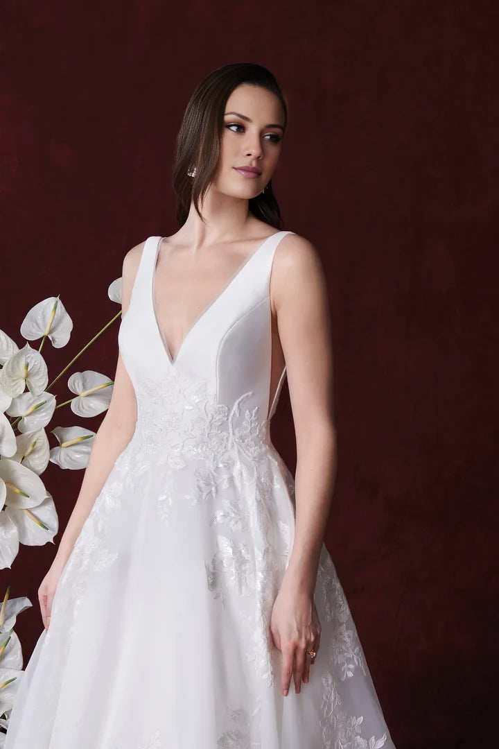 V-Neck A-Line Wedding Dress with Bodice and Organza Skirt Wedding Dresses