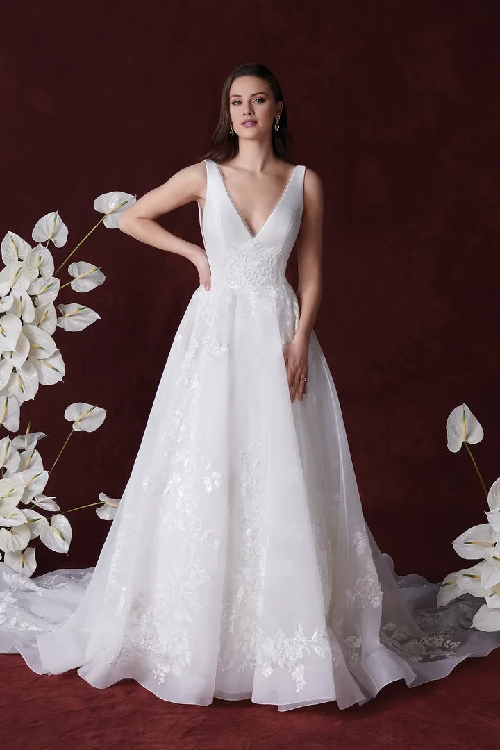 V-Neck A-Line Wedding Dress with Bodice and Organza Skirt Wedding Dresses