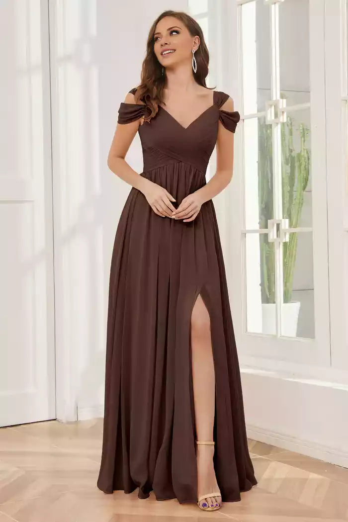 V-Neck Backless Off-the-Shoulder Side Slit Empire Bridesmaid Dresses