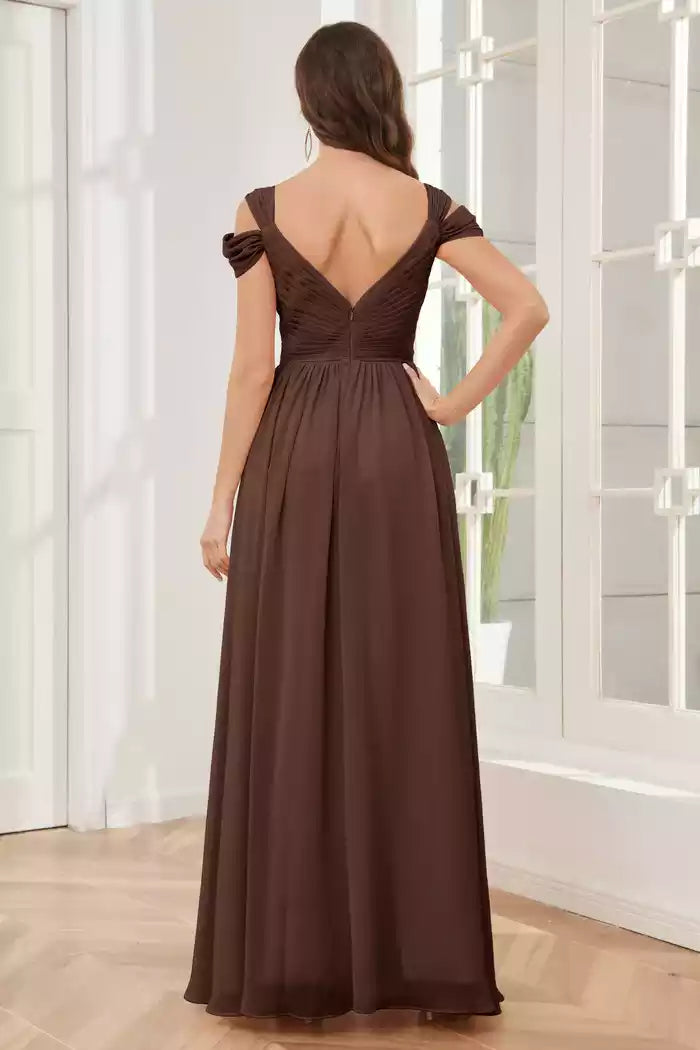 V-Neck Backless Off-the-Shoulder Side Slit Empire Bridesmaid Dresses