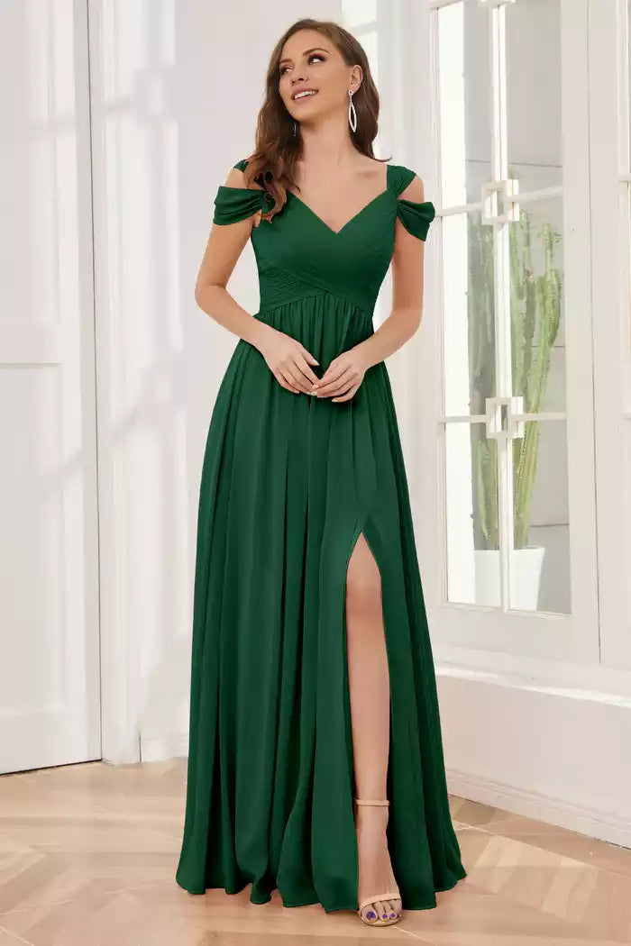 V-Neck Backless Off-the-Shoulder Side Slit Empire Bridesmaid Dresses