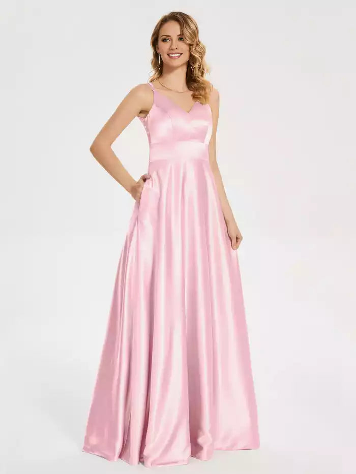 V Neck Backless Spaghetti Strap Sleeveless Soft Satin Prom Dress