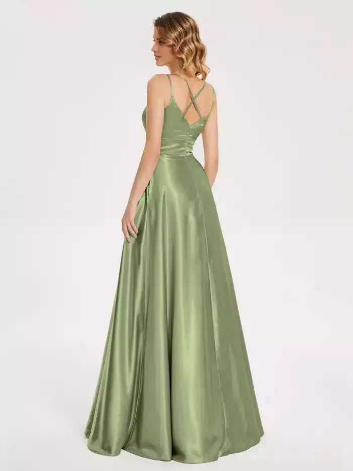 V Neck Backless Spaghetti Strap Sleeveless Soft Satin Prom Dress