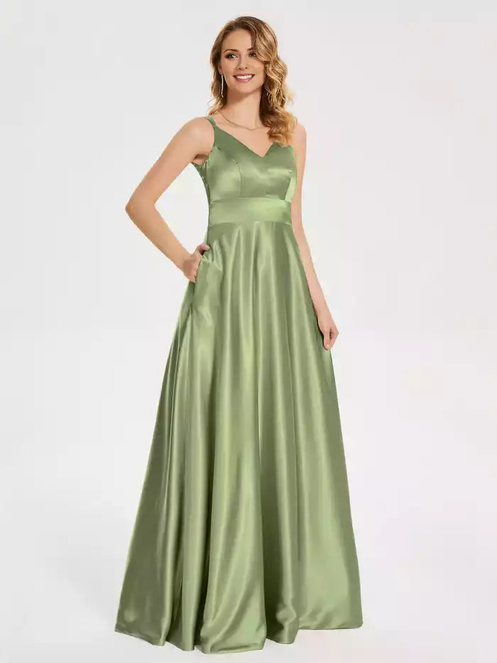 V Neck Backless Spaghetti Strap Sleeveless Soft Satin Prom Dress