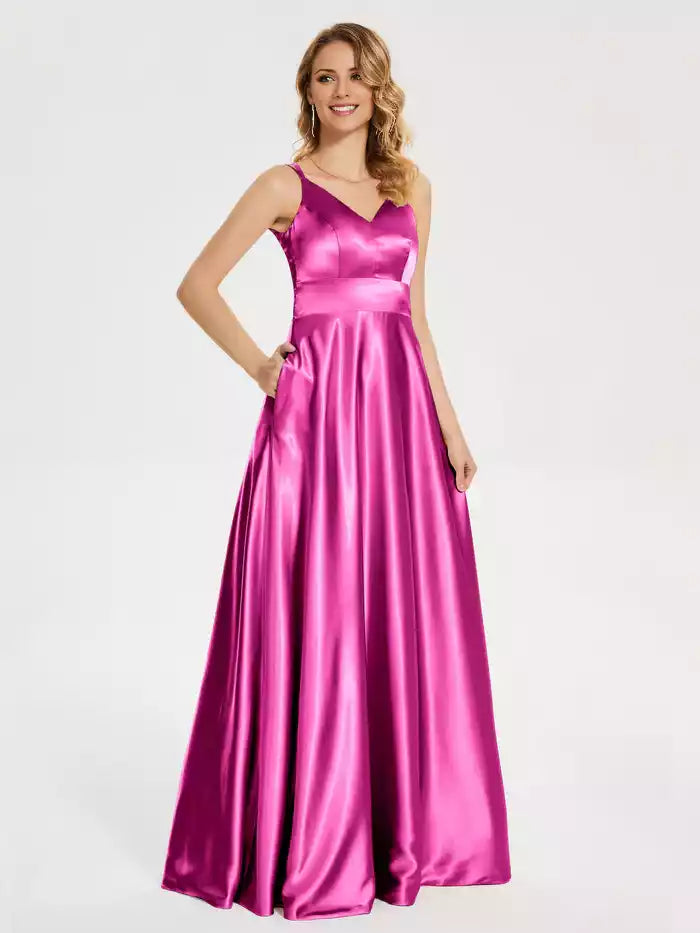 V Neck Backless Spaghetti Strap Sleeveless Soft Satin Prom Dress