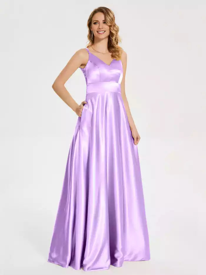 V Neck Backless Spaghetti Strap Sleeveless Soft Satin Prom Dress