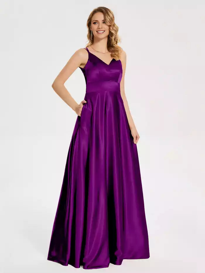 V Neck Backless Spaghetti Strap Sleeveless Soft Satin Prom Dress