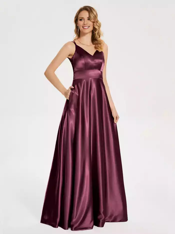 V Neck Backless Spaghetti Strap Sleeveless Soft Satin Prom Dress