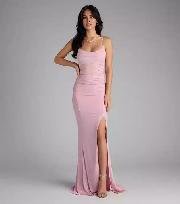 V Neck Backless spaghetti strap Glitter Mermaid Evening Dress