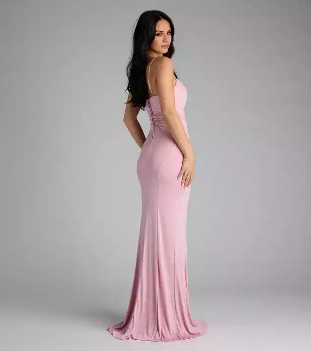 V Neck Backless spaghetti strap Glitter Mermaid Evening Dress