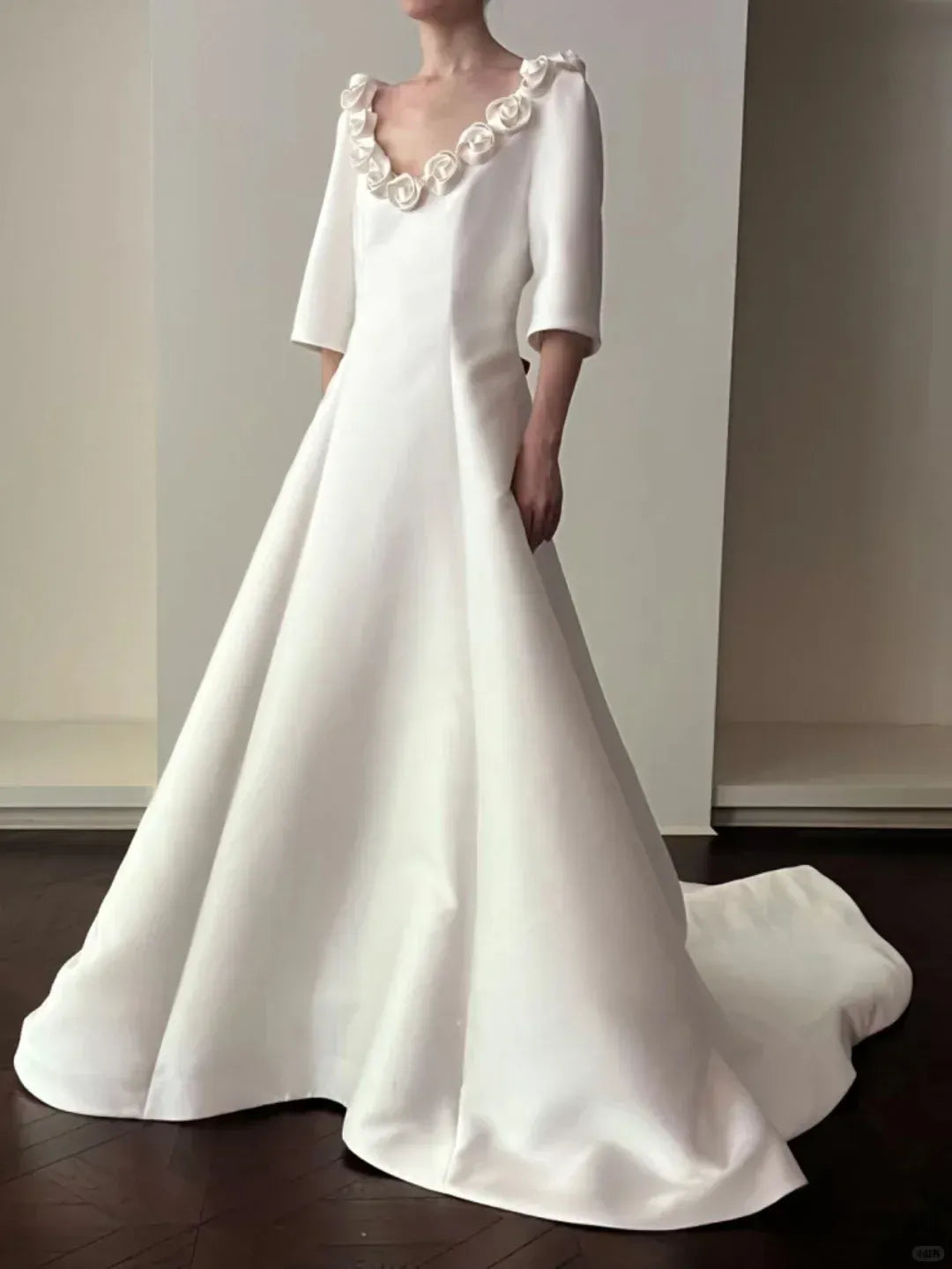 V-Neck Elbow Sleeve A-Line Bridal Gown with Train