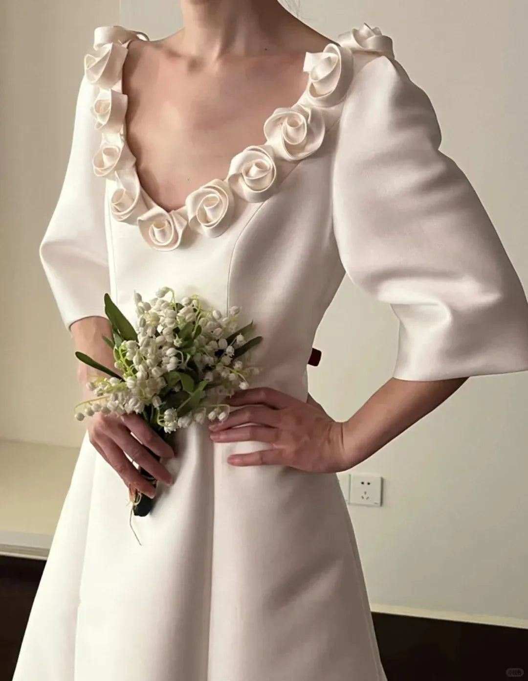 V-Neck Elbow Sleeve A-Line Bridal Gown with Train