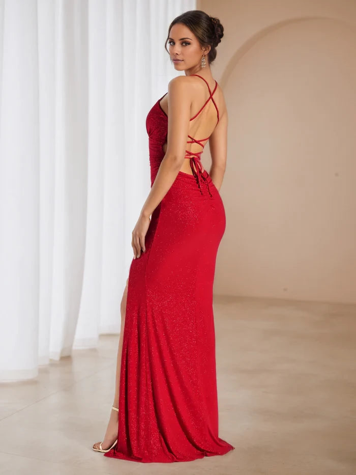 V-Neck Glitter Red Sweep Brush Train Prom Dresses
