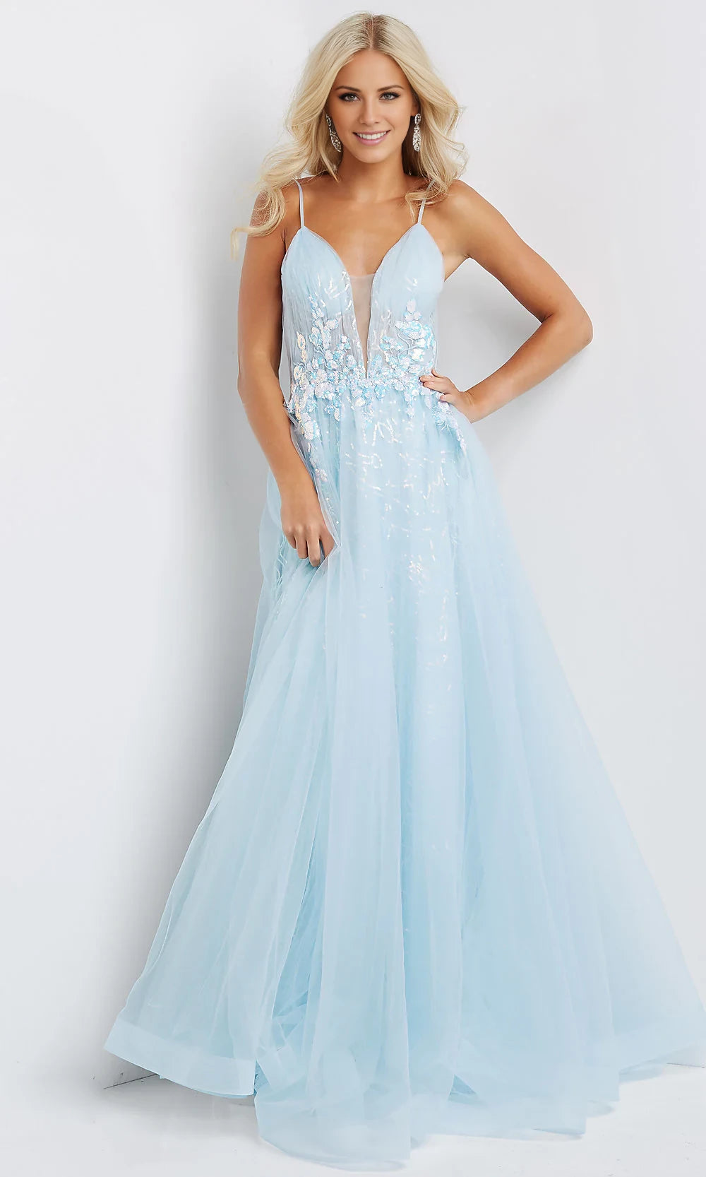 V-Neck Light Blue Long A-Line Prom Dresses