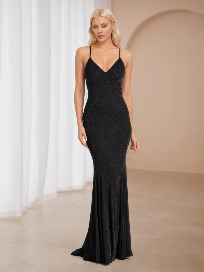 V-Neck Mermaid Lace-Up Glitter Mesh Prom Dresses