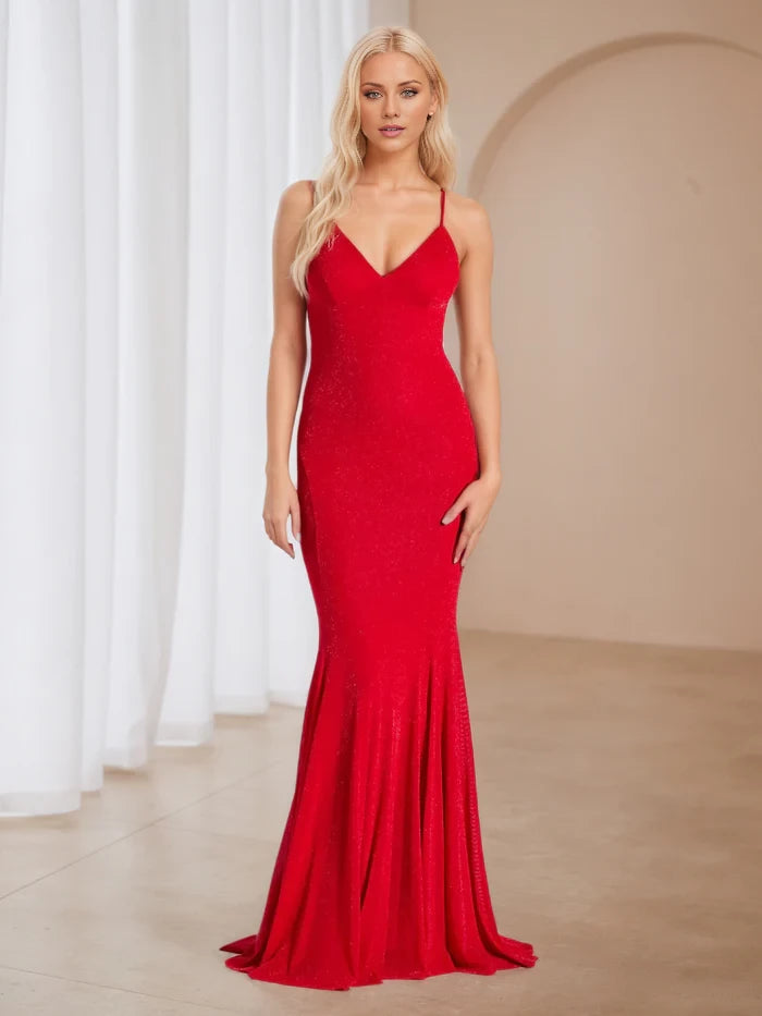 V-Neck Mermaid Lace-Up Glitter Mesh Prom Dresses