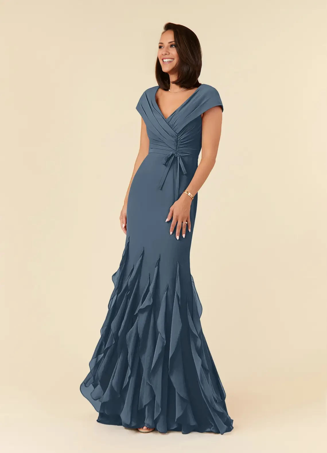 V-Neck Mermaid Ruched Chiffon Dress Mother of the Bride Dresses