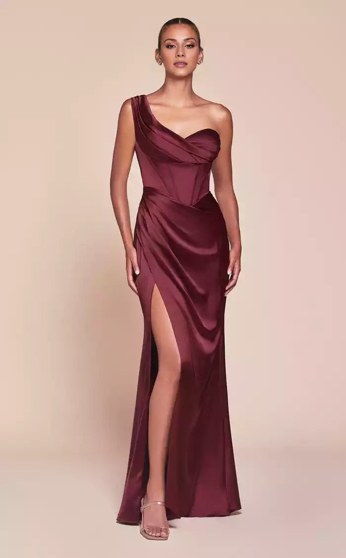 V Neck One Shoulder Retract Your Waist Split Fork Floor length Evening Dress
