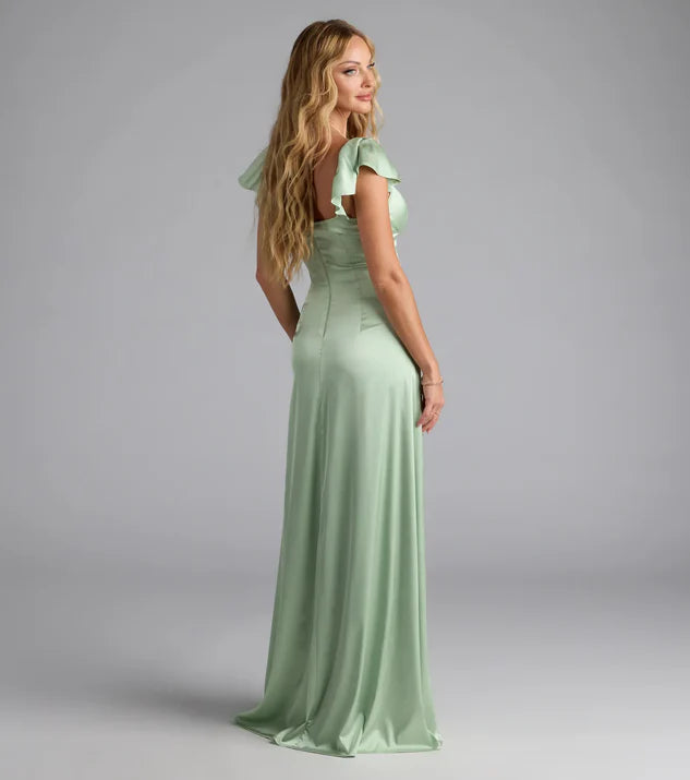 V-Neck Short Sleeve A-Line Satin Formal Dress Evening Dress