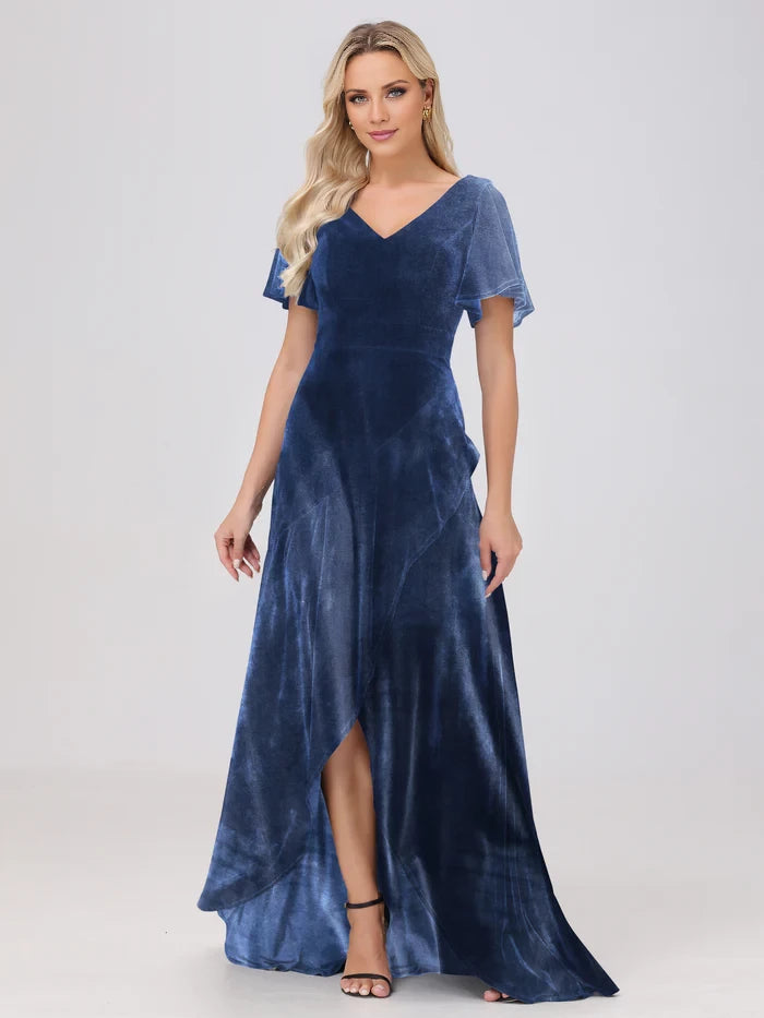 V-Neck Short Sleeves Ruffles Velvet Mother of the Bride Dresses