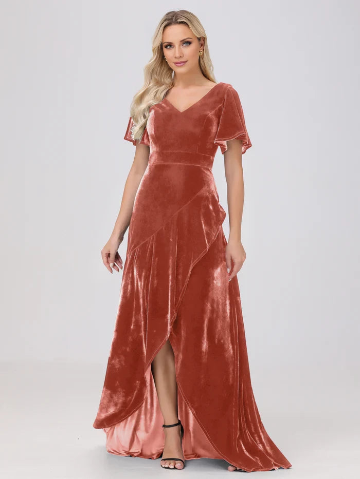 V-Neck Short Sleeves Ruffles Velvet Mother of the Bride Dresses