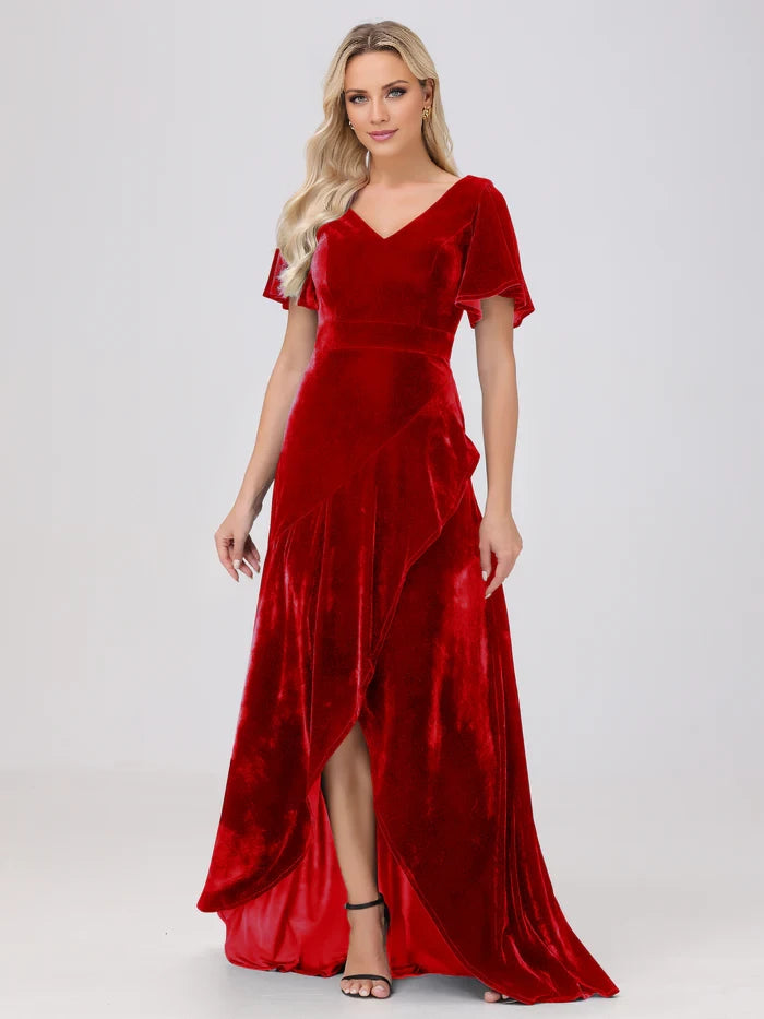 V-Neck Short Sleeves Ruffles Velvet Mother of the Bride Dresses