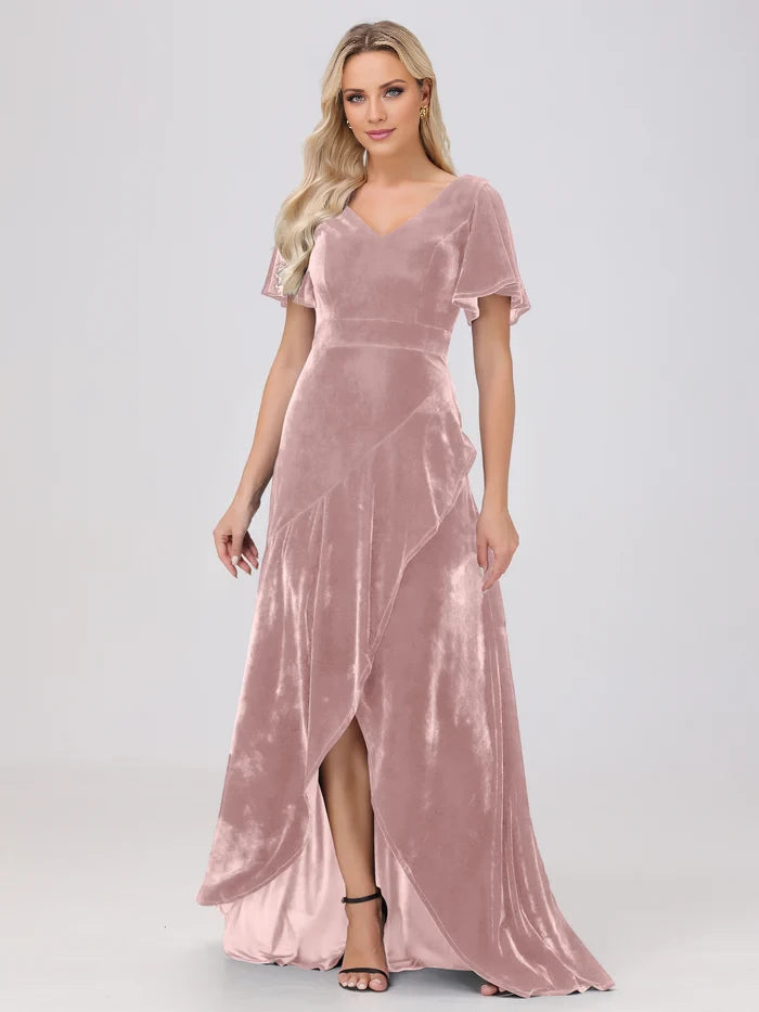 V-Neck Short Sleeves Ruffles Velvet Mother of the Bride Dresses
