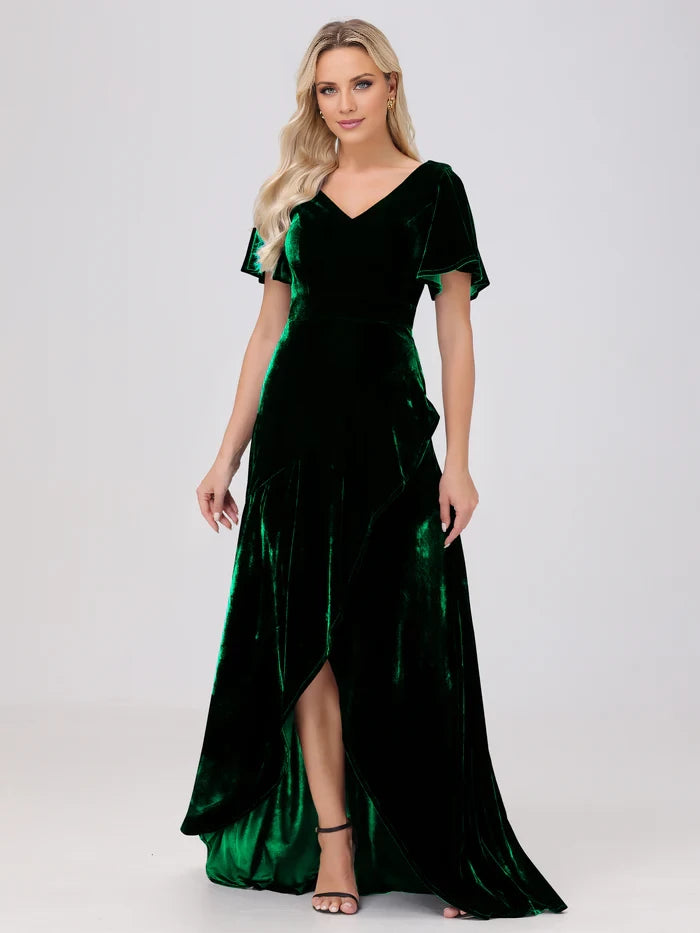V-Neck Short Sleeves Ruffles Velvet Mother of the Bride Dresses