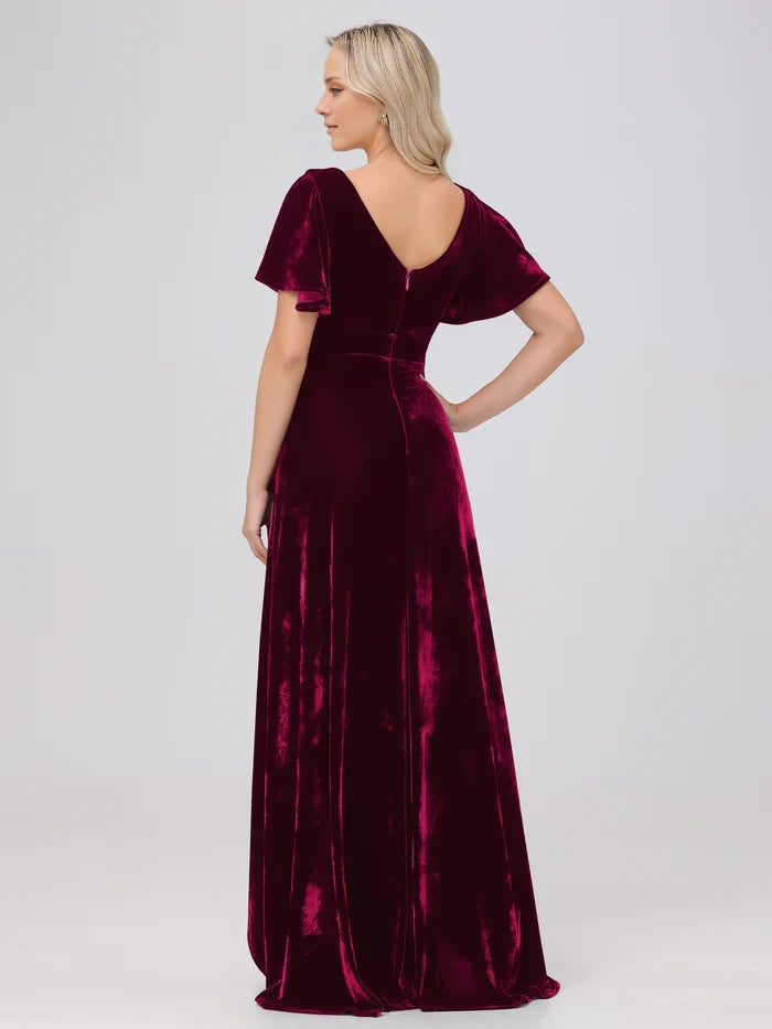 V-Neck Short Sleeves Ruffles Velvet Mother of the Bride Dresses