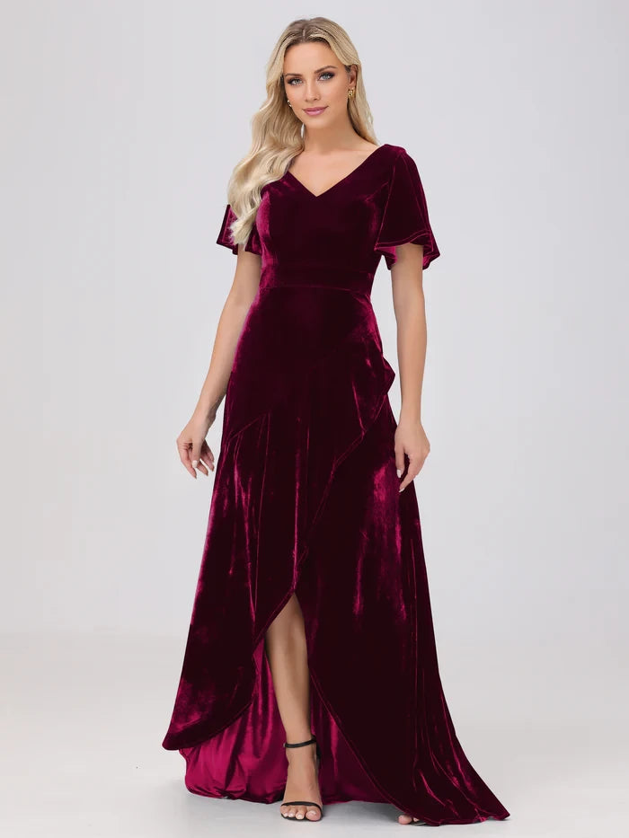 V-Neck Short Sleeves Ruffles Velvet Mother of the Bride Dresses
