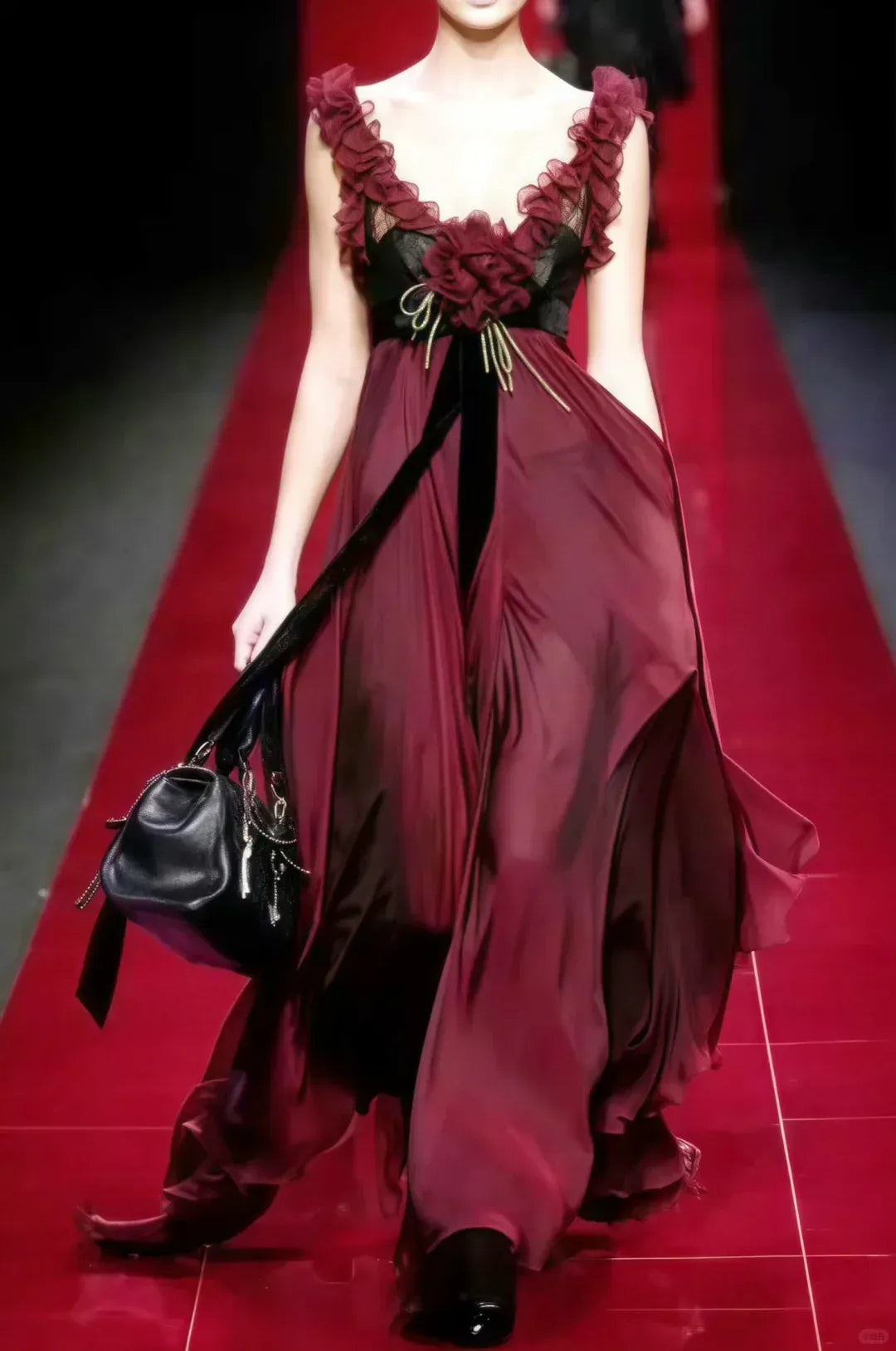 V-Neck Sleeveless Evening Dress with Velvet Accents & Floral Detail