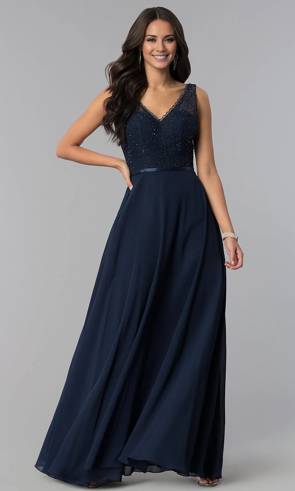 V-Neck Sleeveless Lace-Bodice Long Prom Dresses