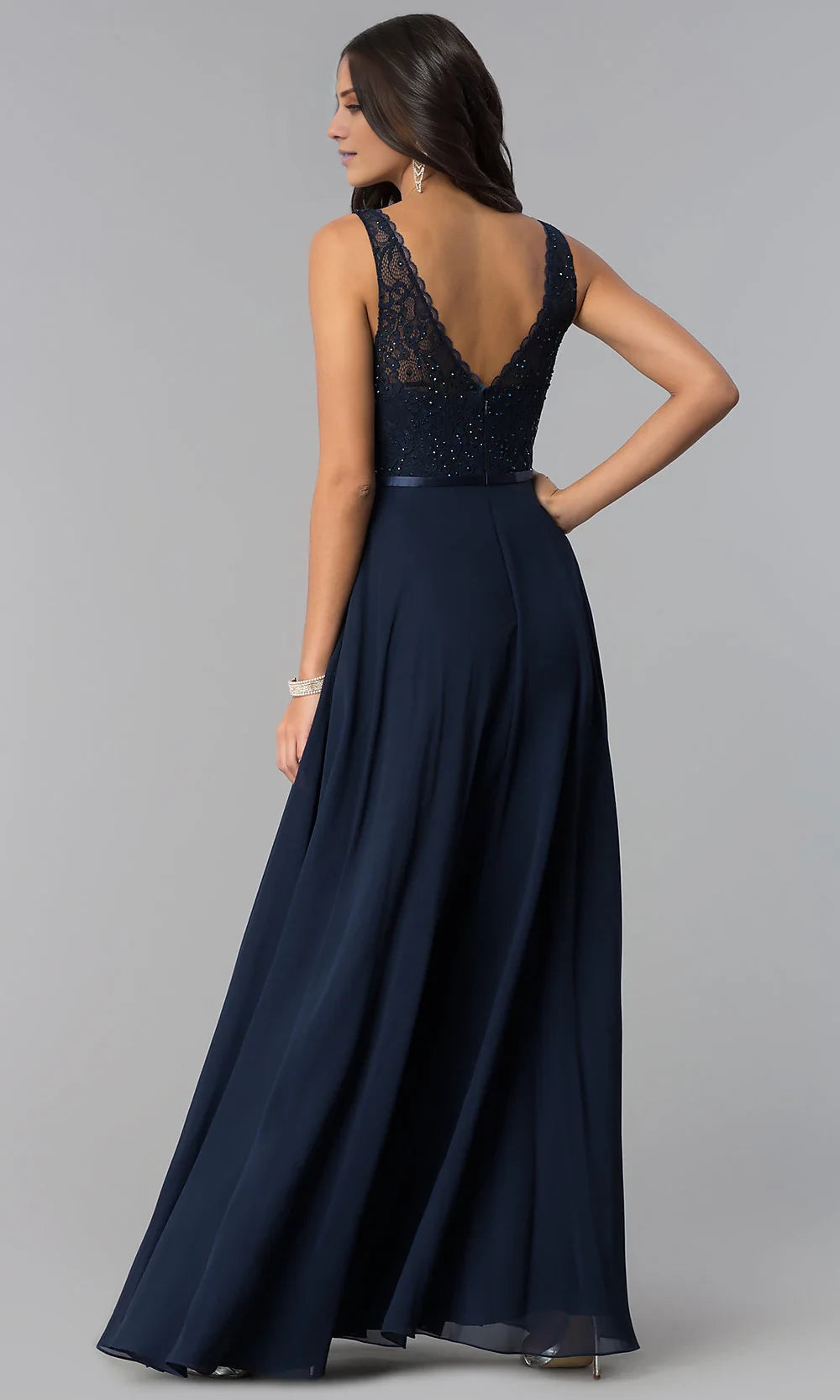 V-Neck Sleeveless Lace-Bodice Long Prom Dresses