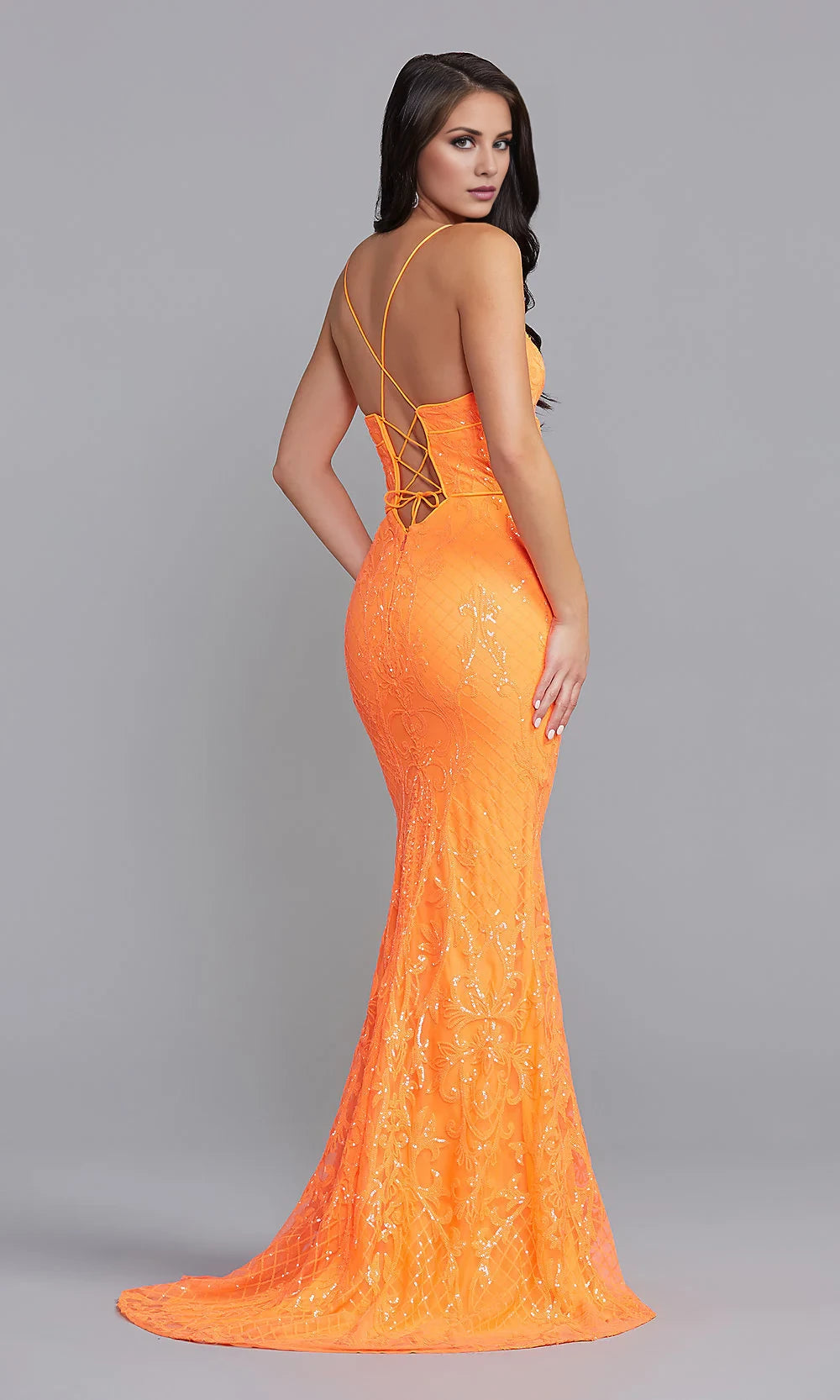V-Neck Spaghetti Strap Corset Back Long Sequin Prom Dresses