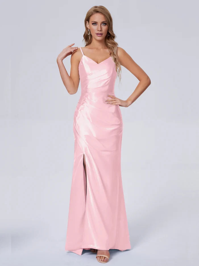 V-Neck Spaghetti Strap Satin Long Bridesmaid Dresses