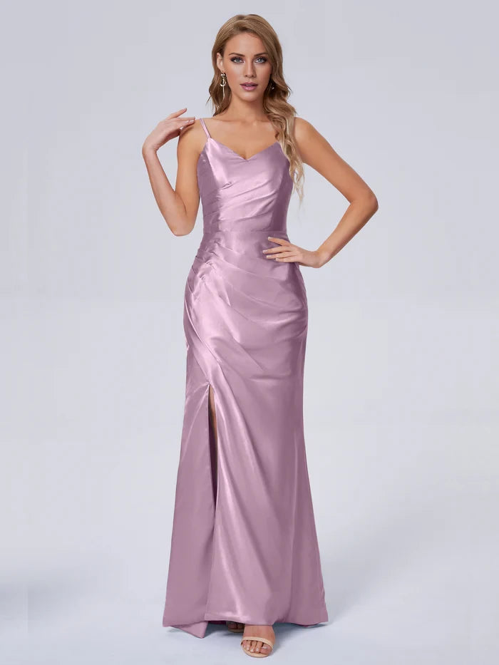 V-Neck Spaghetti Strap Satin Long Bridesmaid Dresses