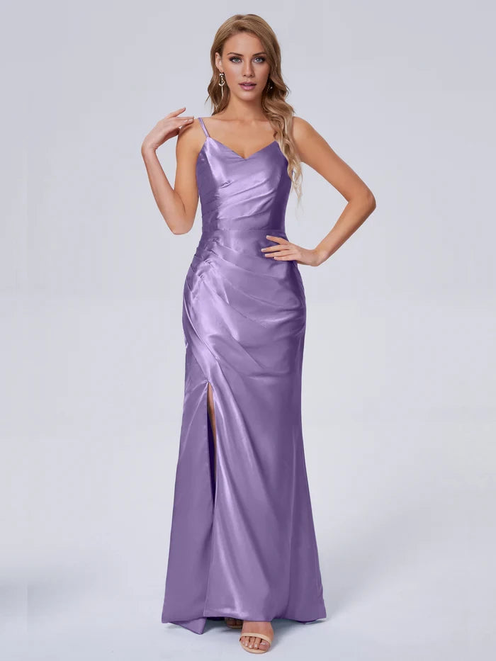 V-Neck Spaghetti Strap Satin Long Bridesmaid Dresses