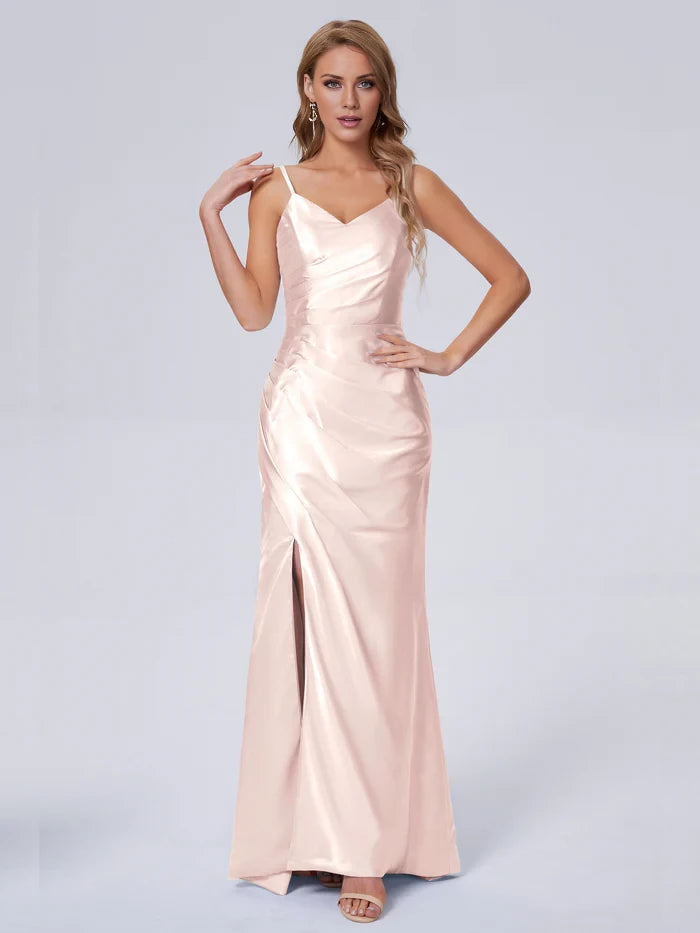 V-Neck Spaghetti Strap Satin Long Bridesmaid Dresses