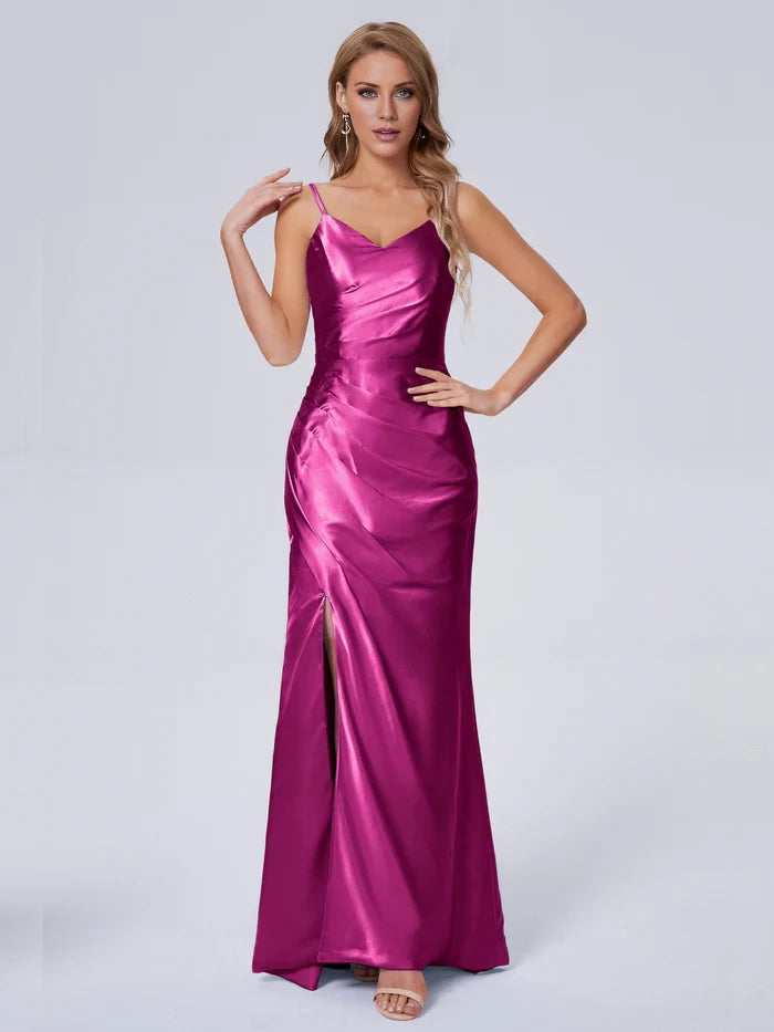 V-Neck Spaghetti Strap Satin Long Bridesmaid Dresses