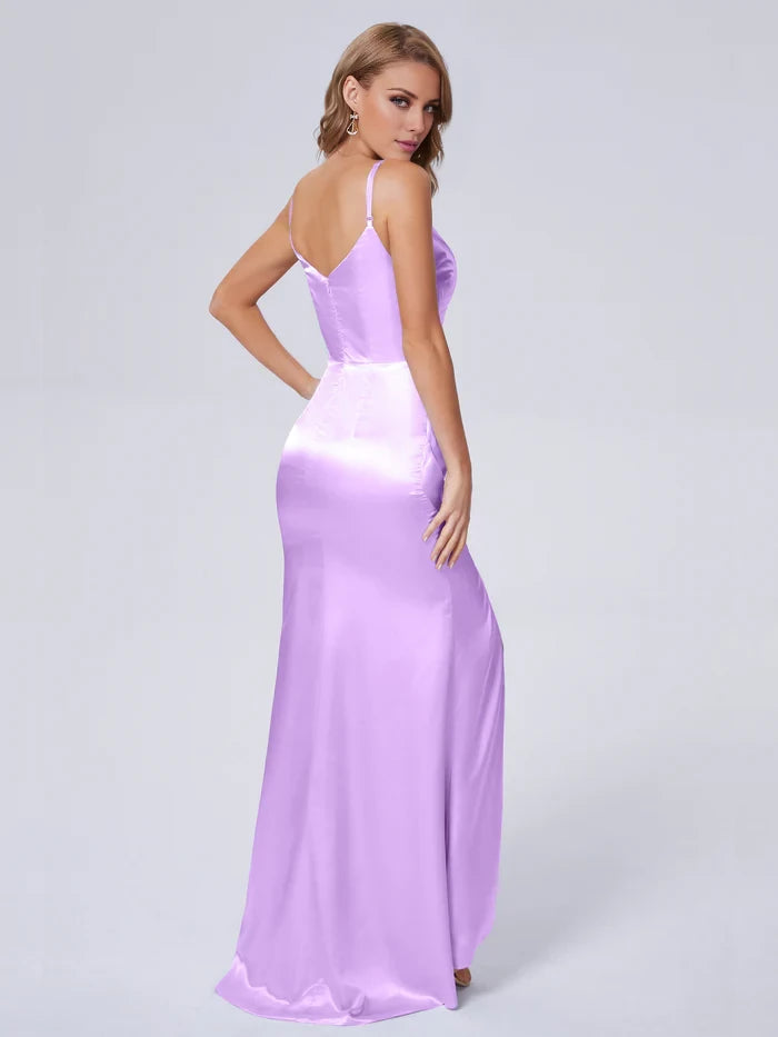V-Neck Spaghetti Strap Satin Long Bridesmaid Dresses