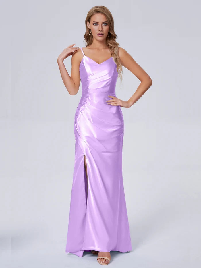 V-Neck Spaghetti Strap Satin Long Bridesmaid Dresses