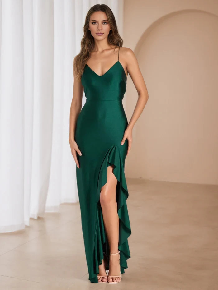 V-Neck Spaghetti Straps Ruffle Side Dark Green Prom Dresses