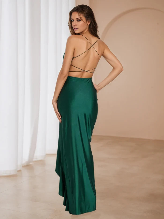 V-Neck Spaghetti Straps Ruffle Side Dark Green Prom Dresses