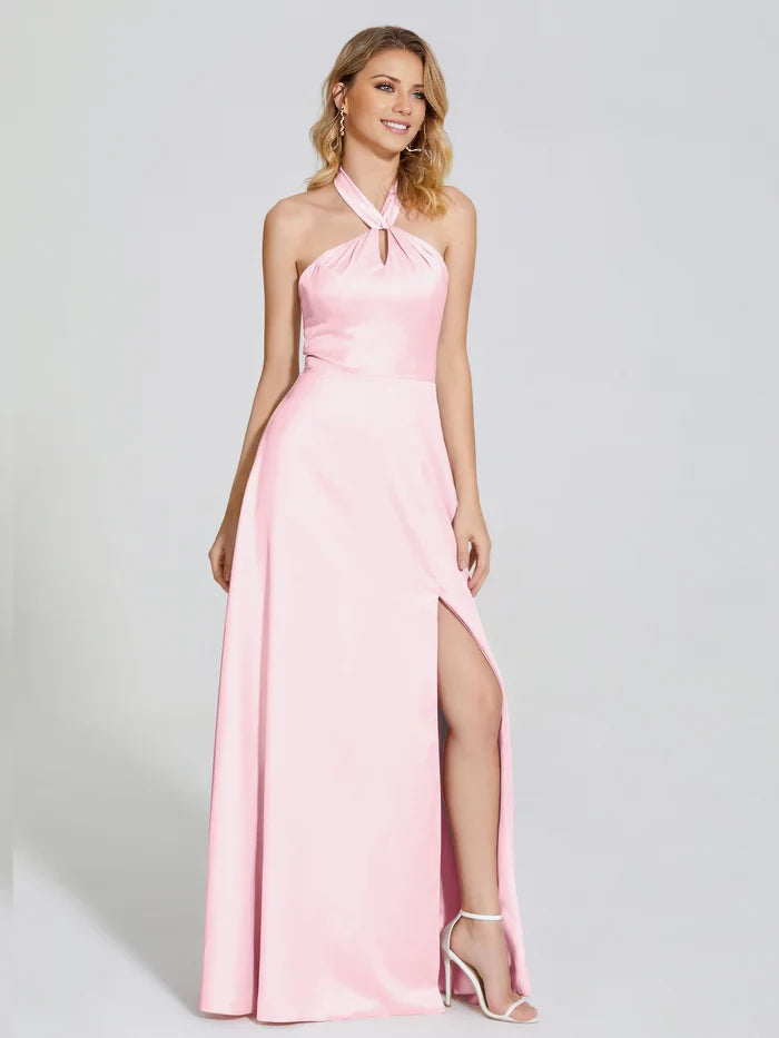 V-Neck Spaghetti Straps Satin Bridesmaid DressLola Halter Soft Satin Bridesmaid Dress With Cutout